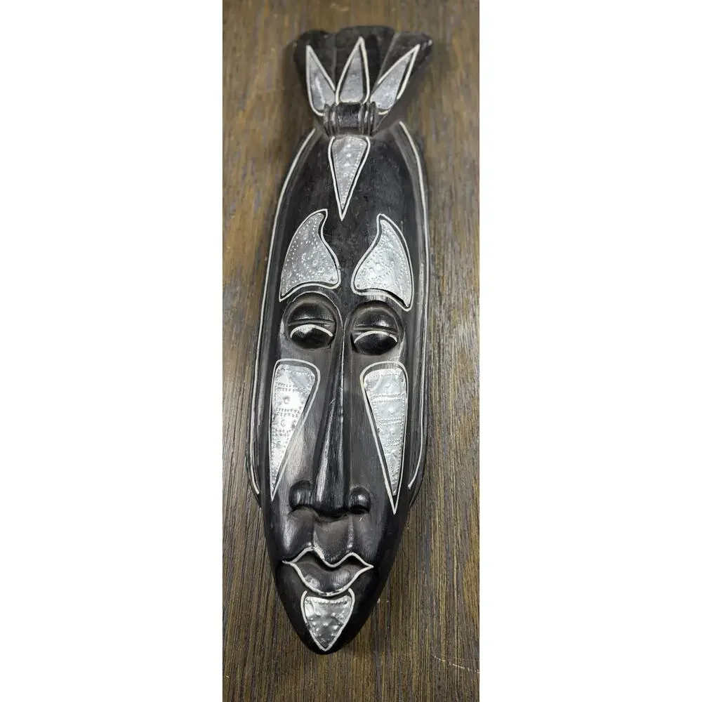Vintage Ghana Hand Carved Wood Wall Mask Silver Metal 20” African Art